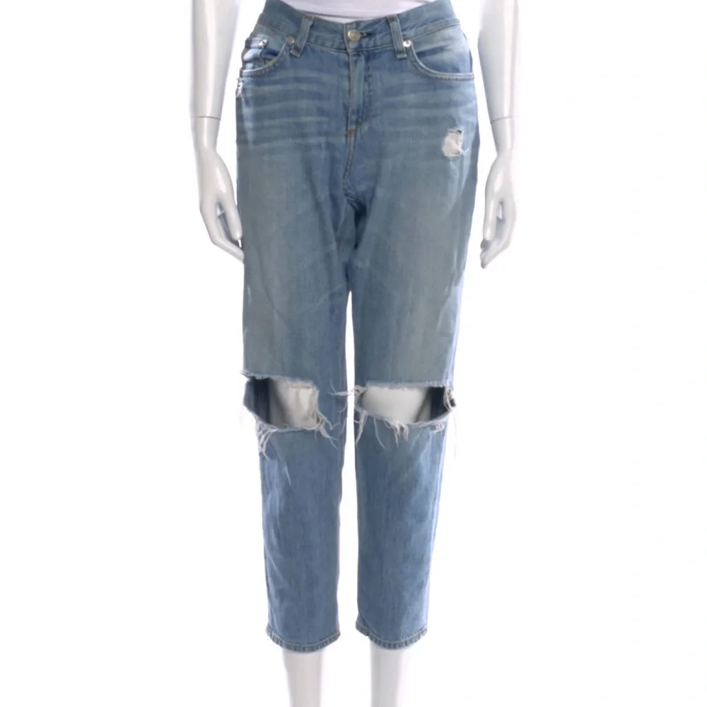 Rag & Bone Straight Leg Jeans Low Rise Cropped Distressed Blue Light Wash W 26